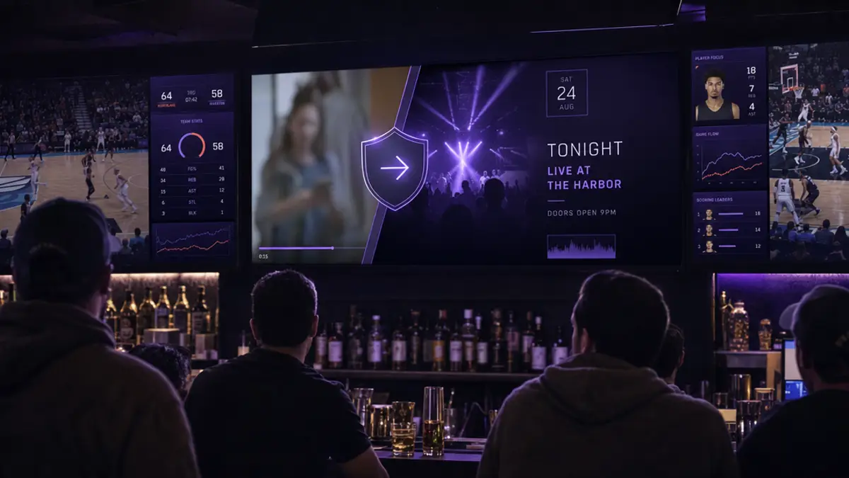 A sports-bar screen replacing a faded competitor ad with a venue event promo via a glowing purple shield, flanked by basketball stats