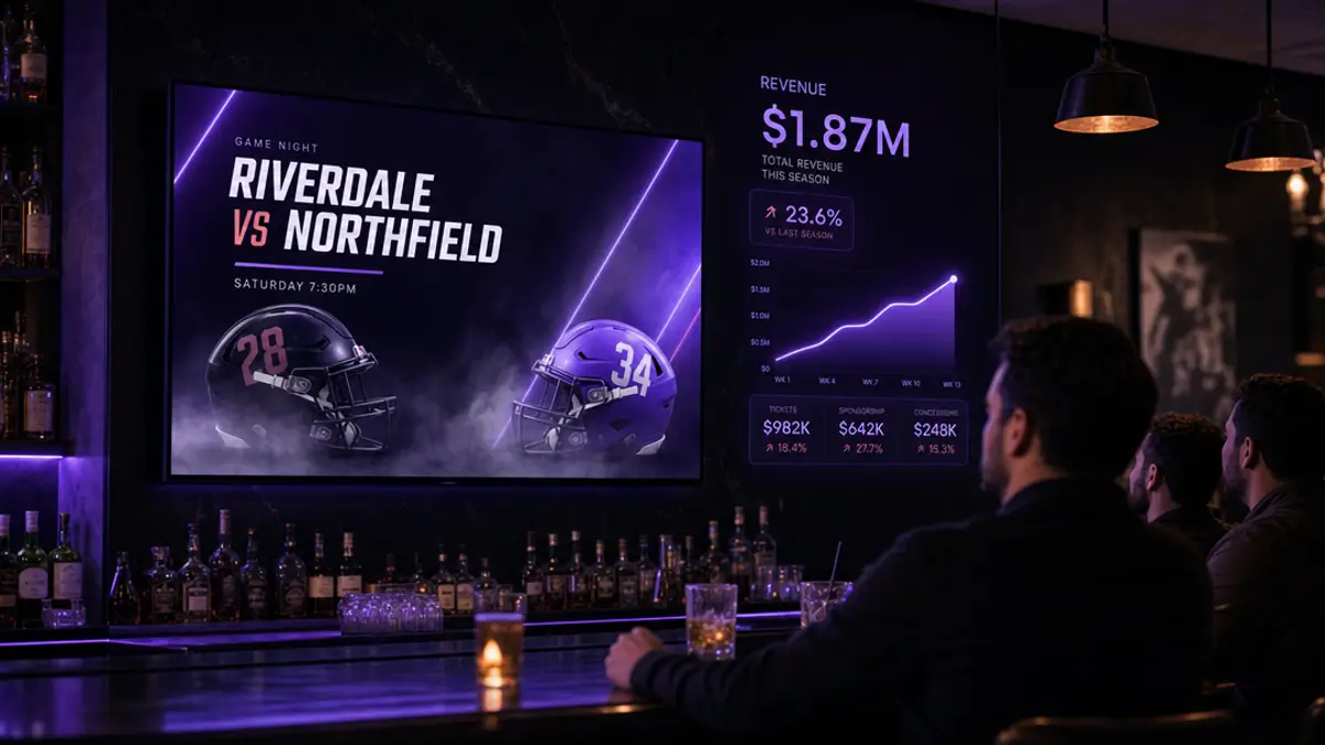 A bar screen promoting a game-night matchup beside a glowing purple revenue dashboard showing season revenue up with a rising chart