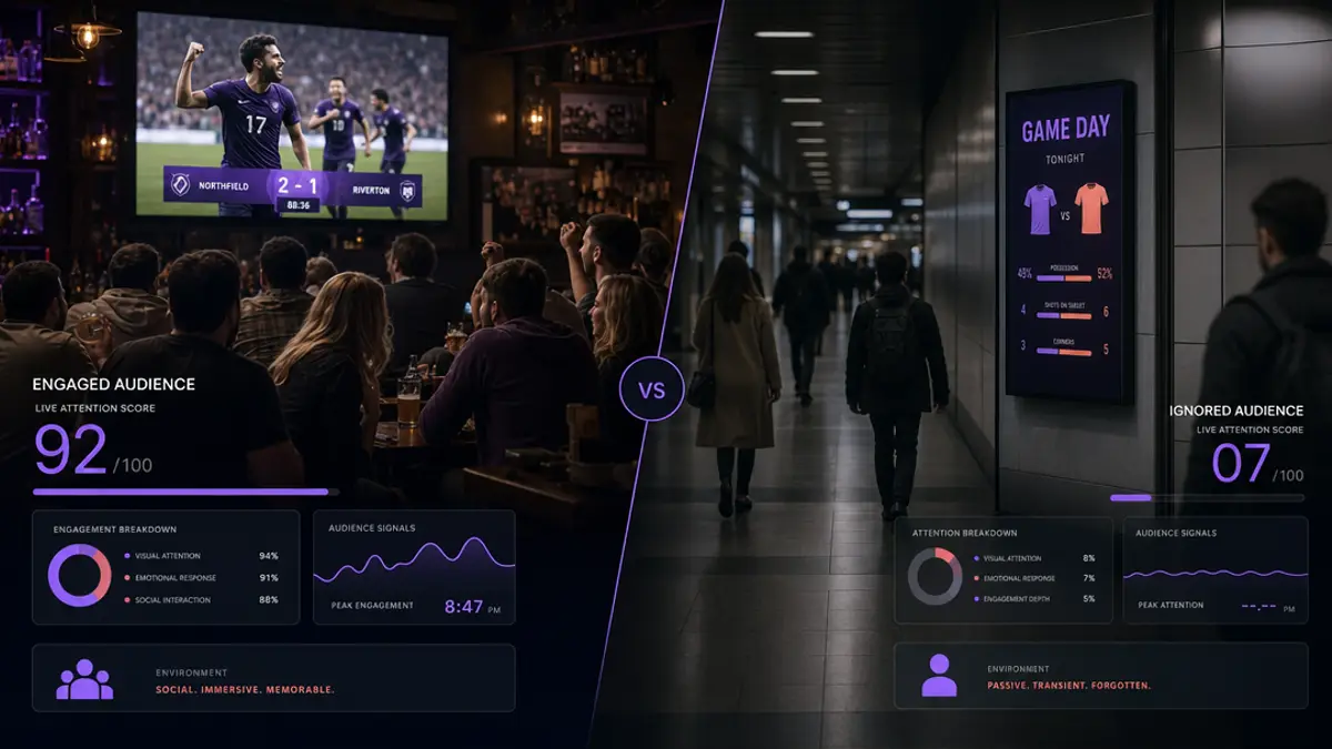 A split scene contrasting an engaged sports-bar crowd watching a game with a lone digital-signage screen people walk past in a corridor