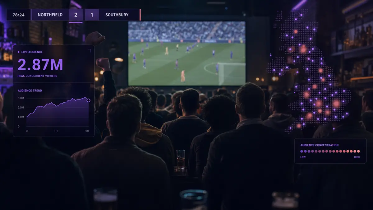 The backs of a packed sports-bar crowd watching a soccer match, with a glowing purple overlay of out-of-home viewer counts and a coverage map
