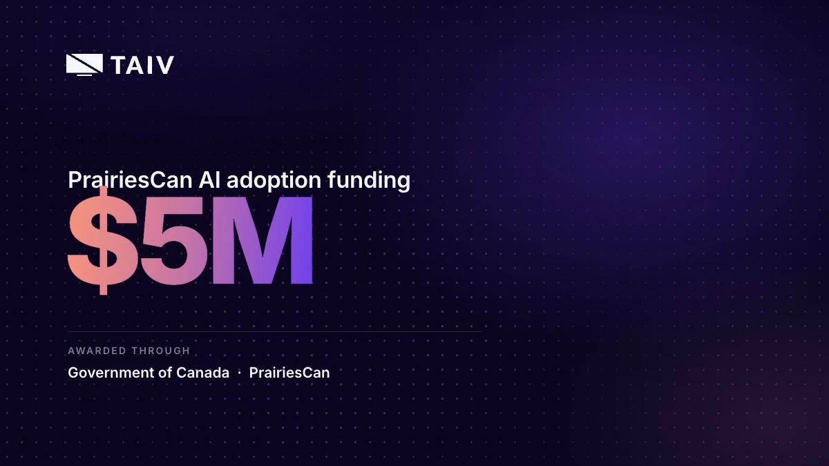 The Taiv logo above a large $5M in the coral-to-violet brand gradient, labeled PrairiesCan AI adoption funding