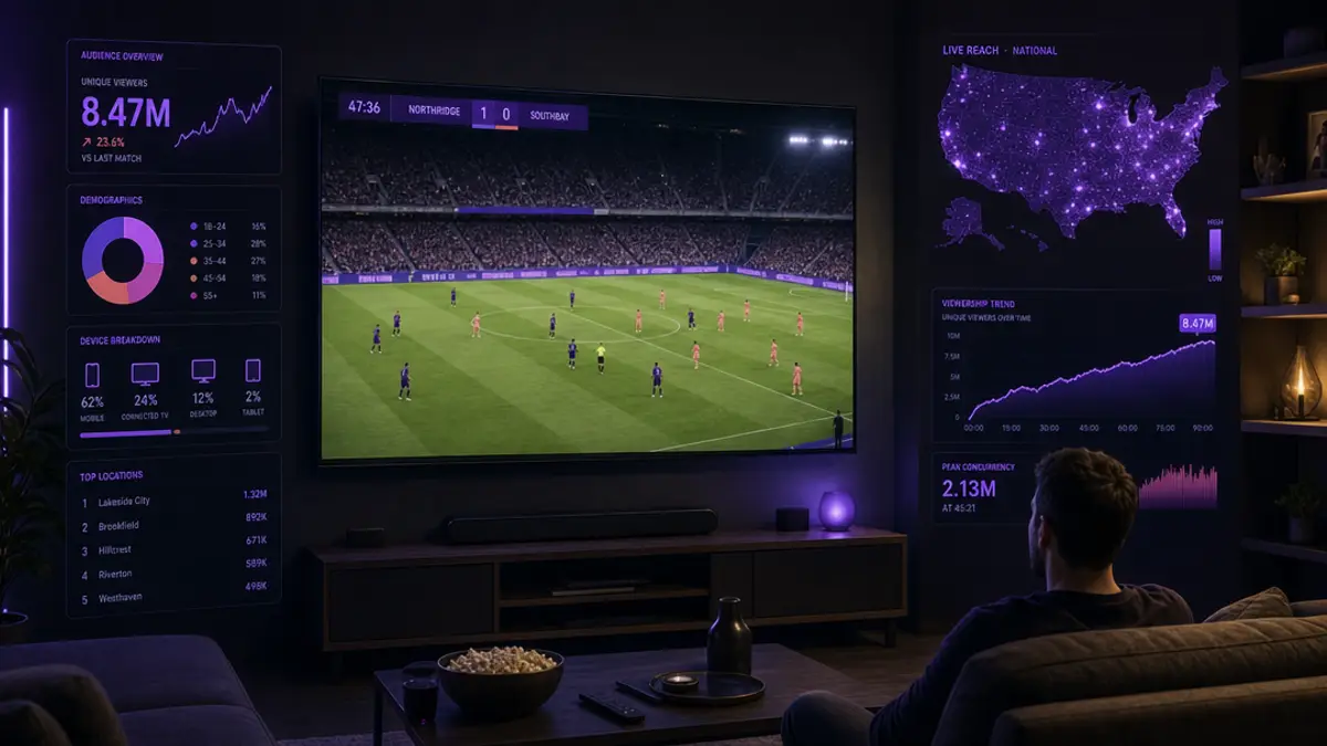 A living-room TV showing a live soccer match, framed by a glowing purple audience-reach dashboard with a national viewership map and rising trend