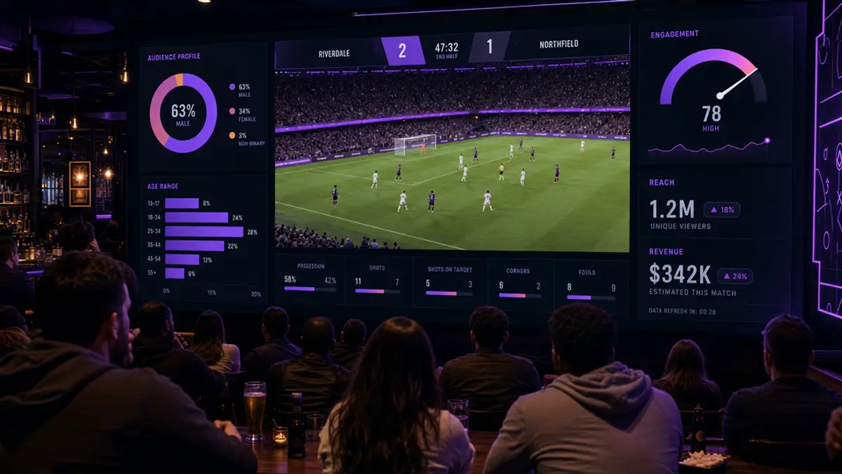 A crowded sports bar watching a soccer match on a big screen, surrounded by a purple industry dashboard of audience demographics, engagement, reach and revenue
