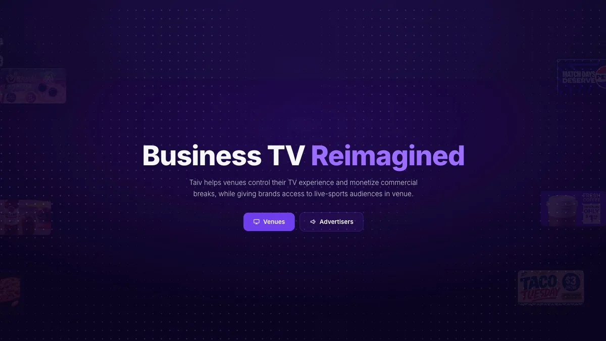 The redesigned taiv.tv home page with the headline Business TV Reimagined