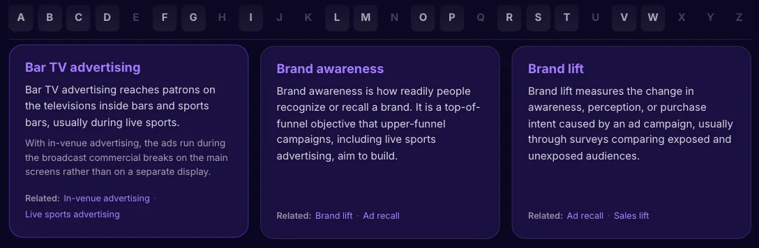 The glossary page with an A to Z index and cards defining terms like bar TV advertising, brand awareness, and brand lift, each with related terms