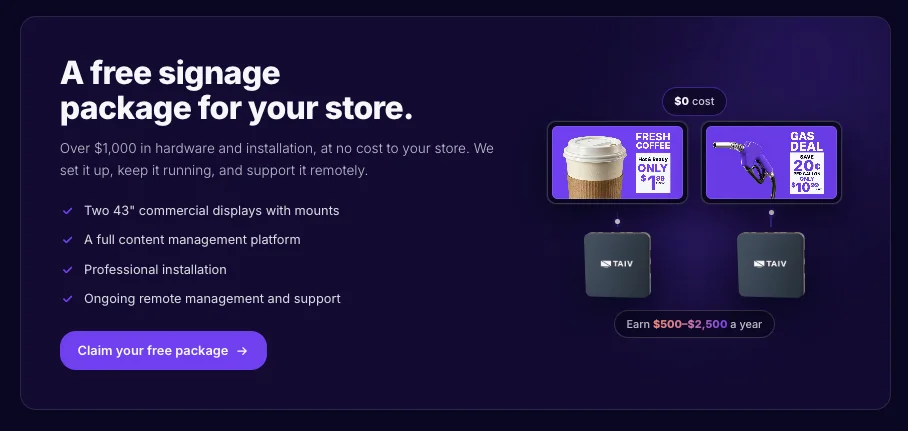 The retail page offering a free signage package: two 43-inch displays with mounts and installation at $0 cost, showing coffee and gas-deal promotions, earning $500 to $2,500 a year