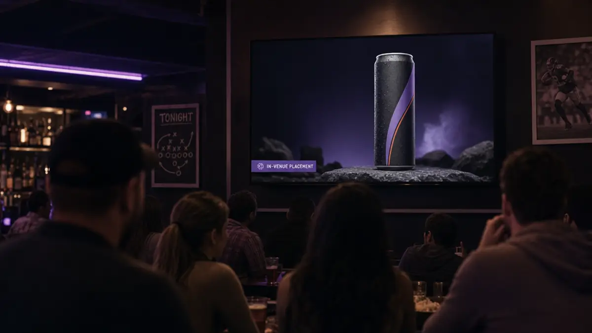 A bar TV running a single sleek energy-drink ad marked as an in-venue placement, with patrons watching in the dark