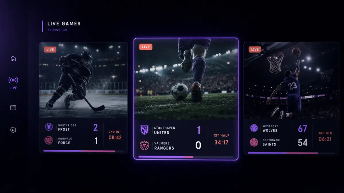 Three live game tiles for hockey, soccer and basketball, with the soccer game highlighted by a glowing purple selection frame