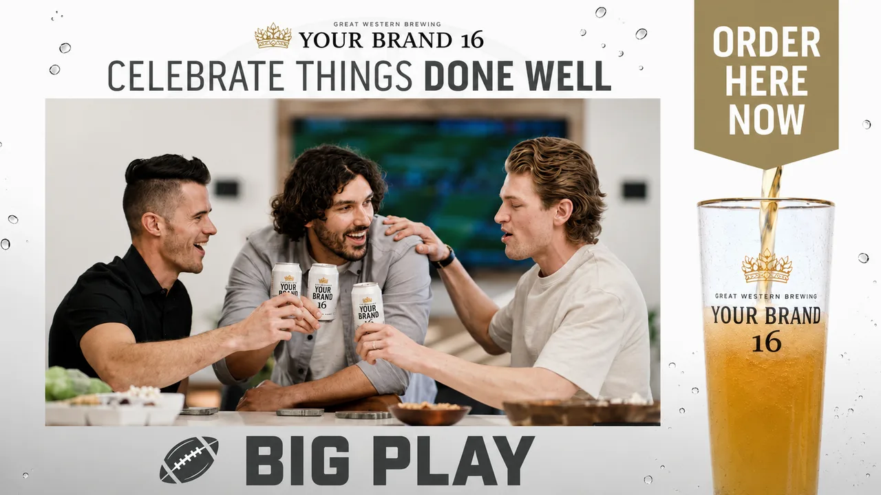 The brand's ad on screen, wrapped in a branded broadcast L-bracket matched to the moment