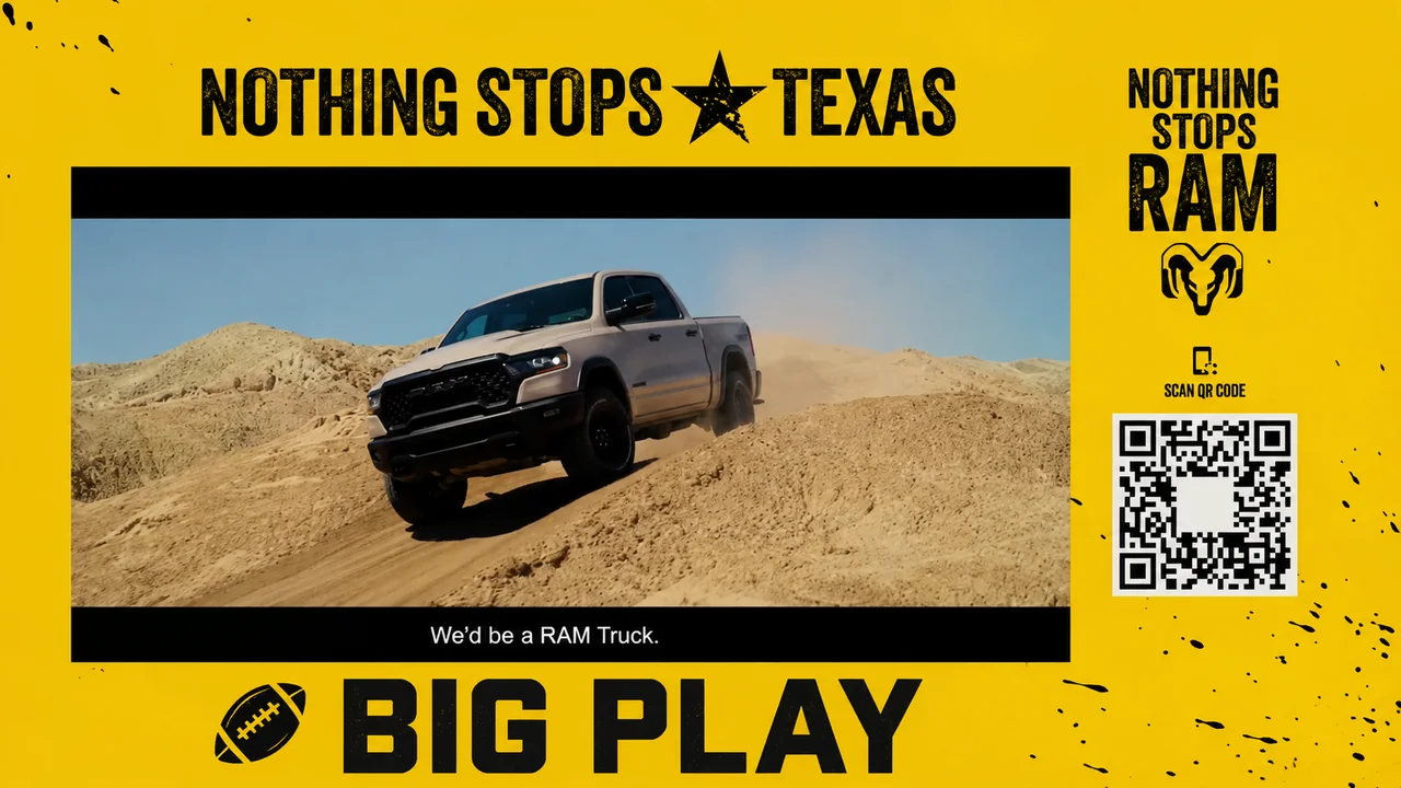 The brand's ad on screen, wrapped in a branded broadcast L-bracket matched to the moment
