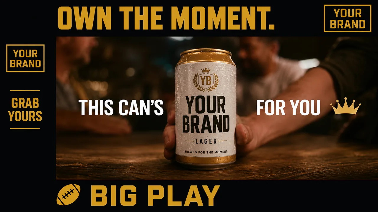 The brand's ad on screen, wrapped in a branded broadcast L-bracket matched to the moment