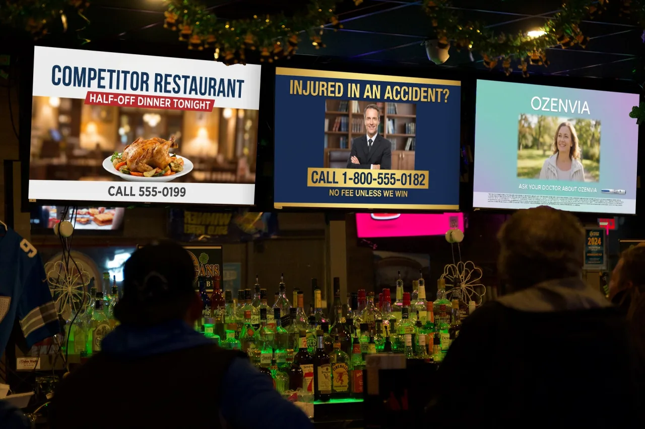 A pub with three wall TVs running competitor and junk ads instead of the venue’s own promotions